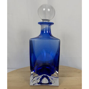 Vintage Mid Century Modern Heavy Glass Decanter Blue Ground Stopper 10.75 in MCM